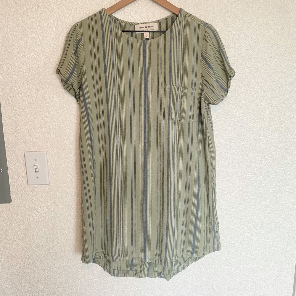 Cloth & Stone Anthropologie Stripped Boho Green Linen Blend Tshirt Dress M